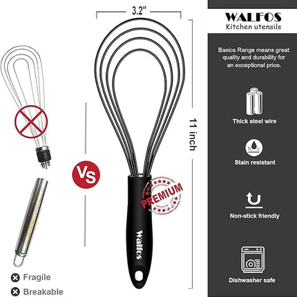 Walfos Silicone Flat Whisk,11inch Flat Whisk Non Scratch Coated Flat Whisks for Cooking.Great for Ceramic Coated pans and Wider shallower pots.Black