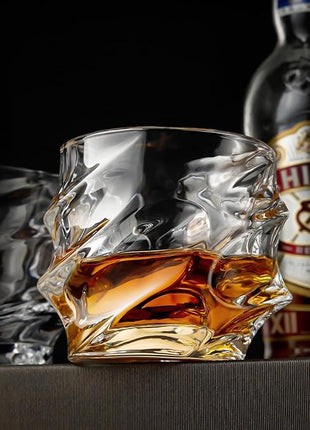 GLASKEY 12 oz Hand Blown Crystal Whiskey Glasses Set of 4, Unique Cognac Glass, Heavy Thick Bottom Bar Glass for Scotch Bourbon Rum Gin Water Cocktail,Gifts Men Gifts Ideas