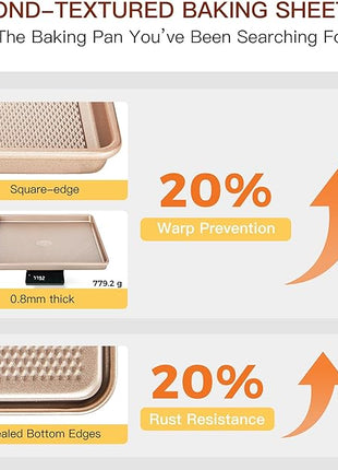 HONGBAKE 3 Pack Gold Nonstick Baking Sheet Pan Set with Oven Mitts Heat Resistant, Non-Toxic Half/Quarter/Jelly Roll Pans with Diamond Texture Pattern, Heavy Duty 0.8mm Thick Cookie Trays for Cooking