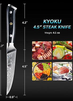 KYOKU Gin Series Steak Knife Set of 4, 4.5" Steak Knives, Japanese VG10 Damascus Stainless Steel Kitchen Knife Set with Silver Ion Blades G10 Handles Mosaic Pins, Cutlery Set w/Sheaths & Case