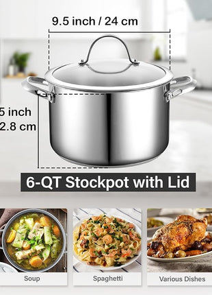 Cooks Standard Dutch Oven Casserole with Glass Lid, 6-Quart Classic Stainless Steel Stockpot, Silver