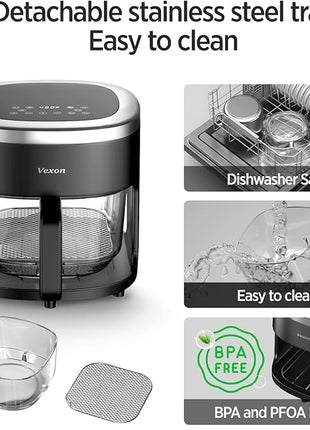6-IN-1 Glass Air Fryer with 4.5 QT Capacity,Air Fry, Roast, Reheat, Dehydrate, Air Crisp Technology,Nonstick & Dishwasher Safe Basket,97% Less Oil,Features Digital Timer1