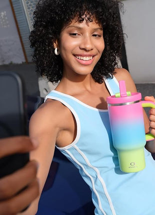 ENCOOL 32 oz Tumbler with Handle and Straw: Stainless Steel Insulated Tumbler Keeps Cold for 24 Hours, Leakproof Travel Cup Fits in Cup Holder and BPA-Free, Lime Sorbet