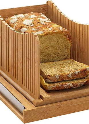 Large Bamboo Bread Slicer with Serrated Knife, Adjustable Bread Slicer Guide with 3 Thickness Size, Foldable Compact Chopping Cutting Board with Crumb Tray (Extra A - with Knife)