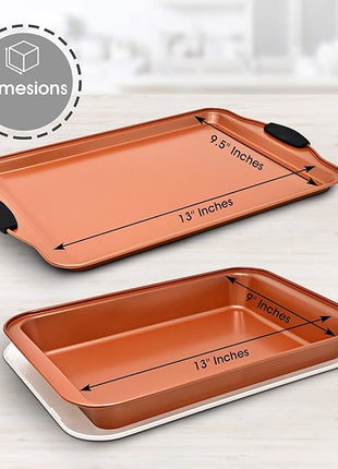 Perlli Baking Sheet 4 Piece Set Nonstick Copper Carbon Steel Oven Bakeware Kitchen Set with Silicone Grips, Includes 2x 9x13" Cookie Sheets, 9x13" Baking Pan with Plastic Lid