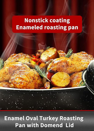 JY COOKMENT Granite Roaster Pan, Small 13” Enameled Roasting Pan with Domed Lid. Oval Turkey Roaster Pot, Broiler Pan Great for Small Chicken, Lamb. Dishwasher Safe Cookware Fit for 7Lb Bird
