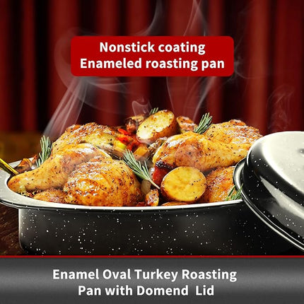 JY COOKMENT Granite Roaster Pan, Small 13” Enameled Roasting Pan with Domed Lid. Oval Turkey Roaster Pot, Broiler Pan Great for Small Chicken, Lamb. Dishwasher Safe Cookware Fit for 7Lb Bird