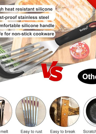Beijiyi 2-Piece Fish Spatulas Silicone Heat Resistant, Kitchen Spatula Set for Non Stick Frying Pan, Slotted Flexible Fish Turner Cooking Utensils, Large 12.3 In, Small 10.6 In, Black Silicone Edge