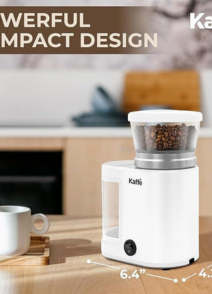 Kaffe Electric Burr Coffee Grinder (5.5oz) w/Adjustable Coarseness Settings - Flat Burr - [New Upgraded Motor ] - Precision Coffee Bean Grinder for Home Use - White