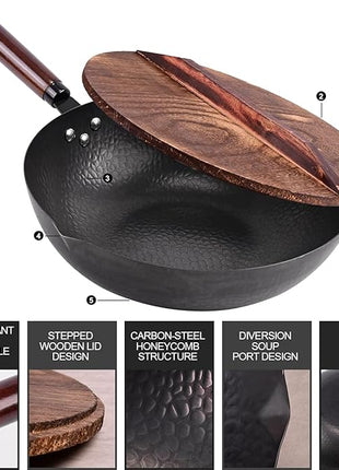 12.8" Carbon Steel Wok-11Pcs Woks & Stir Fry Pans Wok Pan with Lid, No Chemical Coated Chinese Woks with 10 Cookware Accessories, Flat Bottom Wok for Electric, Induction,Gas Stoves