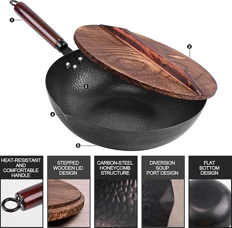 12.8" Carbon Steel Wok-11Pcs Woks & Stir Fry Pans Wok Pan with Lid, No Chemical Coated Chinese Woks with 10 Cookware Accessories, Flat Bottom Wok for Electric, Induction,Gas Stoves