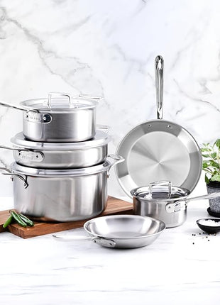 All-Clad D5 Brushed 5 Ply Stainless Steel Cookware Set 10 Piece w/ Frying Pans, Pots and Pans Set, Induction, Oven Broiler Safe 600F, Silver