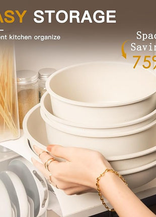 Astercook Ceramic Non-stick Cookware 21 Pcs Pots and Pans Set, Detachable Handle, RV Kitchen Non Stick Cooking Set Removable Handles, Oven Safe, Induction Ready, Stackable, Cream White