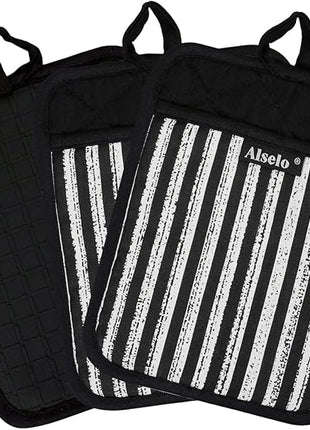 Silicone Pot Holders Set of 3 Heat Resistant & Non Slip Potholders, Professional Oven Hot Pads with Pockets Mitts for Kitchen Cooking Baking Barbecue (3, Black)