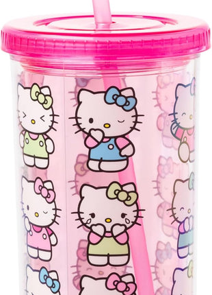 Silver Buffalo Sanrio Hello Kitty Expressions Poses Plastic Cold Cup with Lid and Straw, 20 Ounces