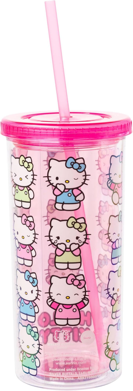 Silver Buffalo Sanrio Hello Kitty Expressions Poses Plastic Cold Cup with Lid and Straw, 20 Ounces