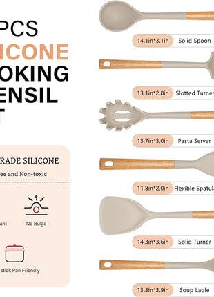 Silicone Cooking Utensils Set, Heat Resistance Large Kitchen Utensils Set with Long Wooden Handle, BPA-free Silicone Spatula, 6 Pcs Cooking Spoons for Non Stick Frying Pans and Pots(Khaki）