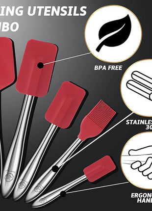 5pcs Silicone Spatula Cooking Utensils Set with Stainless Steel Handles, Premium Heat-Resistant Kitchen Utensils for Baking, Spoonula & Silicone Brush Included, Safe for Nonstick Cookware (Red)
