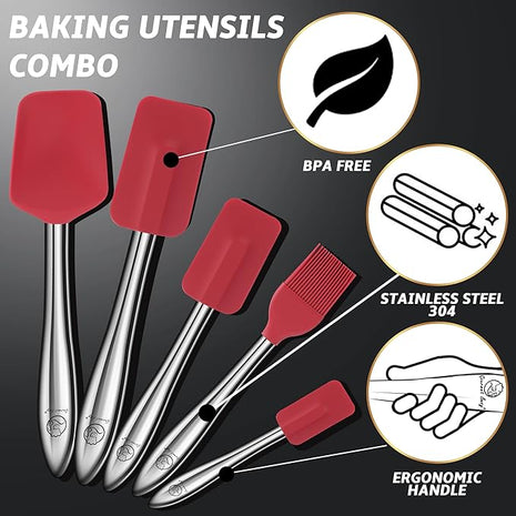 5pcs Silicone Spatula Cooking Utensils Set with Stainless Steel Handles, Premium Heat-Resistant Kitchen Utensils for Baking, Spoonula & Silicone Brush Included, Safe for Nonstick Cookware (Red)