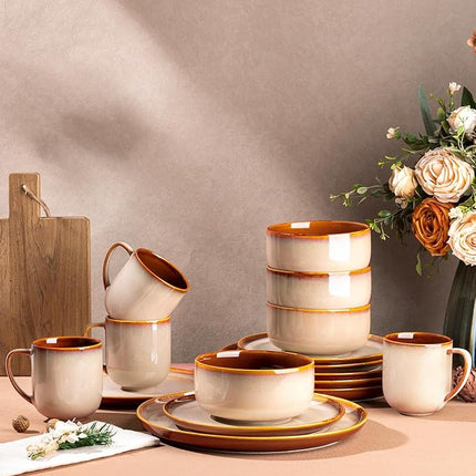 LERATIO Ceramic Dinnerware Sets for 4,16-PieceReactive Glaze Plates and Bowls Set with Mugs,Highly Chip and Crack Resistant | Dishwasher,Microwave & Oven Safe Dishes set-Kahki
