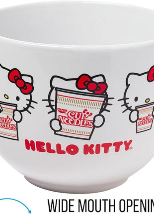 Silver Buffalo Sanrio Hello Kitty Cup Noodles Nissin Ceramic Ramen Noodle Rice Bowl with Chopsticks, Microwave Safe, 20 Ounces