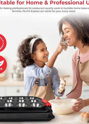 PERLLI Non-Stick 8-Piece Baking Pan Set, BPA-Free Carbon Steel Bakeware Set with Silicone Handles, Stackable Kitchen Oven Set, Cookie Sheet, Baking Tray, Baking Sheet Set, Oven Safe (446°F)