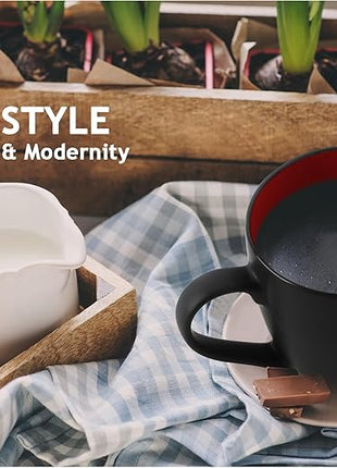 MIAMIO - Set of 6 Stoneware Coffee Mugs 12 Ounce/Cup Set - Le Papillon Collection (Black-Red)