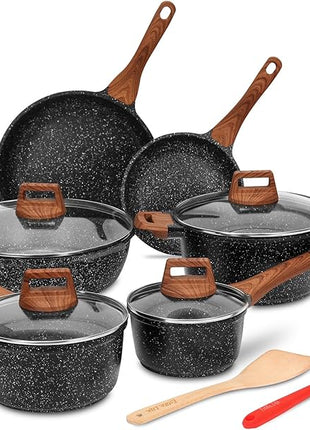 ESLITE LIFE Nonstick Cookware Sets, 12 Pcs Granite Coating Pots and Pans Set Kitchen Cooking Set, Compatible with All Stovetops (Gas, Electric & Induction), PFOA Free, Black