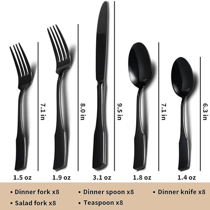 Alata Kate Black Mirror 45-Piece Silverware With Utensil-Serving Set, Service for 8, Stainless Steel Flatware, Mirror Polished Cutlery, Dishwasher Safe