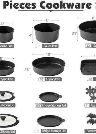 SENSARTE 17 Piece Pots and Pans Set, Nonstick Detachable Handle Cookware Set, Induction Kitchen Cookware Set with Removable Handle, Healthy Non Stick for RV, Dishwasher ＆ Oven Safe, PFOA Free (Black)