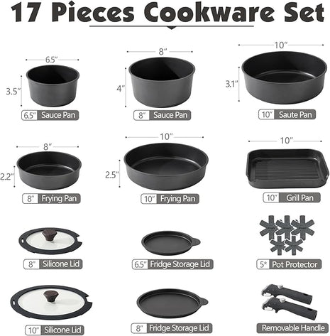 SENSARTE 17 Piece Pots and Pans Set, Nonstick Detachable Handle Cookware Set, Induction Kitchen Cookware Set with Removable Handle, Healthy Non Stick for RV, Dishwasher ＆ Oven Safe, PFOA Free (Black)