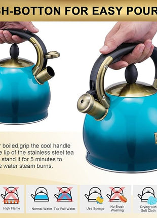 Whistling Tea Kettle Stove Top Teapot, Stainless Steel Teakettle (2.8 QUART, Blue)