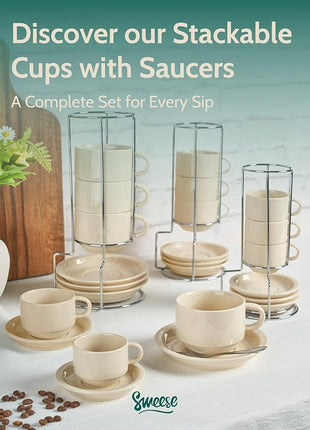 Sweese 8oz Porcelain Cappuccino Cups Set with Saucers, Metal Stand - Stackable, Durable for Coffee, Latte, Tea - Beige, 4 Pack