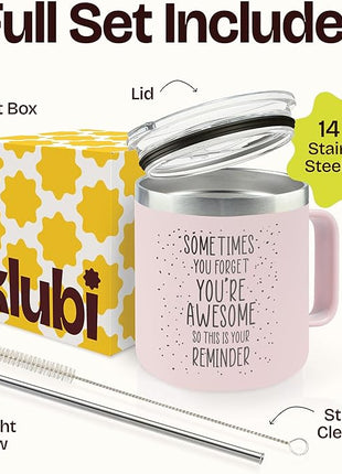 KLUBI Last Minute Christmas Gift for Women - Cute Pink Sometimes You Forget Your Awesome Gifts for Christmas, Her, Coworkers, Boss Day, Nurses Week College Girl Gift Ideas for Xmas Coffee Cup 14 Ounce