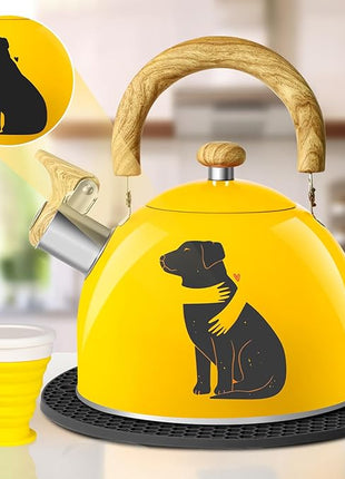 ARC Stainless Steel 2-Quart Whistling Yellow Tea Kettle with Magic Color Changing Design, Stovetop Teapot With Folding Cup & Trivet Mat