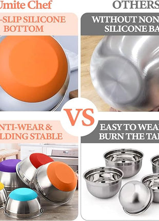 Umite Chef Mixing Bowls with Airtight Lids Set, 8PCS Stainless Steel Nesting Bowls Set, 3 Grater Attachments & Non-Slip Bottoms, Size 5, 4, 3.5, 2, 1.5QT for Baking & Mixing(Colorful)