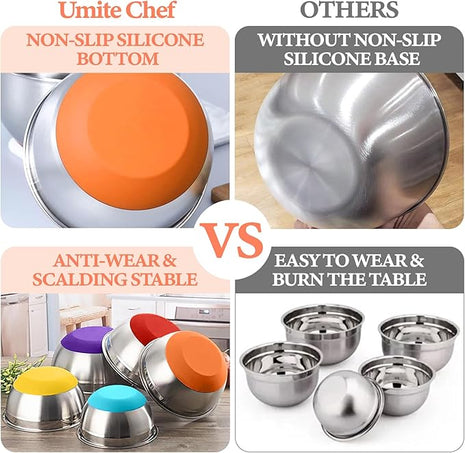 Umite Chef Mixing Bowls with Airtight Lids Set, 8PCS Stainless Steel Nesting Bowls Set, 3 Grater Attachments & Non-Slip Bottoms, Size 5, 4, 3.5, 2, 1.5QT for Baking & Mixing(Colorful)