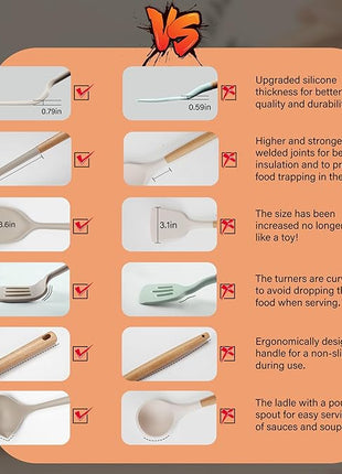 Silicone Cooking Utensils Set, Heat Resistance Large Kitchen Utensils Set with Long Wooden Handle, BPA-free Silicone Spatula, 6 Pcs Cooking Spoons for Non Stick Frying Pans and Pots(Khaki）