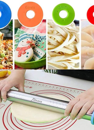 Rolling Pin and Silicone Baking Pastry Mat Set, Stainless Steel Dough Roller, Rolling Pins with Adjustable Thickness Rings, for Baking Fondant, Pizza, Pie, Pastries, Pasta, Cookies