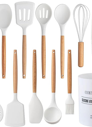 Country Kitchen Non Stick Silicone Utensil Set with Rounded Wood Handles for Cooking and Baking, 14 Piece Set, White