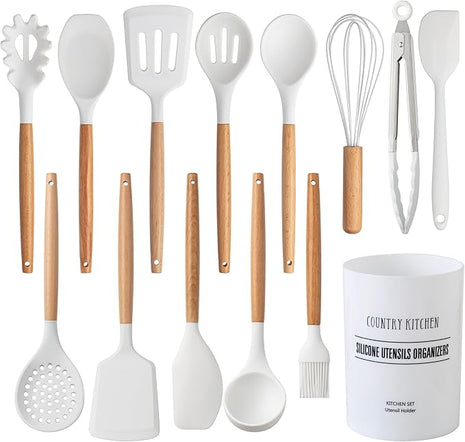 Country Kitchen Non Stick Silicone Utensil Set with Rounded Wood Handles for Cooking and Baking, 14 Piece Set, White