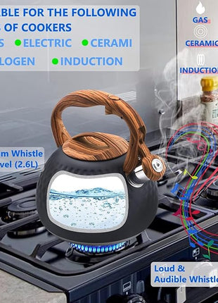 Tea Kettle Stovetop, 3.2 Qt Stainless Steel Whistling Kettle for Stove Top, Food Grade Teapot with Wood Pattern Handle for Coffee, Milk etc, Gas Electric Applicable (Black)