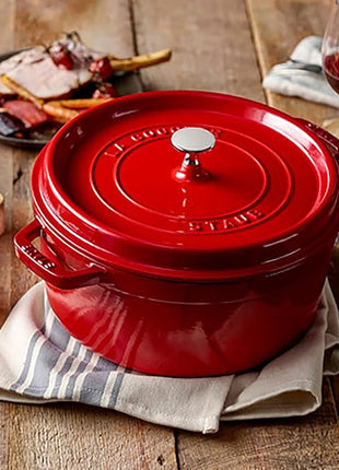 STAUB Cast Iron Dutch Oven 5.5-qt Round Cocotte, Made in France, Serves 5-6, Cherry