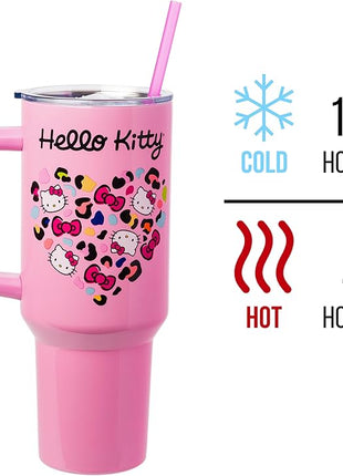 Silver Buffalo Sanrio Hello Kitty Leopard Jungle Cat Print and Bows Heart Stainless Steel Tumbler with Handle and Straw, Fits in Standard Cup Holder, 40 Ounces
