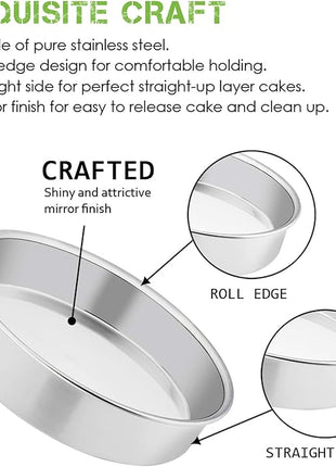E-far 8 Inch Cake Pan Set of 2, Stainless Steel Round Layer Cake Baking Pans, Non-Toxic & Healthy, Mirror Finish & Dishwasher Safe