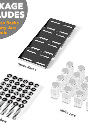 SpaceAid Spice Drawer Organizer with 16 Spice Jars, 386 Spice Labels, 4 Tier Seasoning Rack Tray Insert for Kitchen Drawers, 7.5" Wide x 17.5" Deep