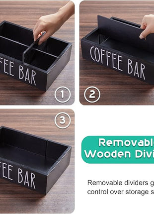 ALEION Coffee Station Organizer - Wood Countertop Accessories Organizer with Removable Dividers for Pods Condiment Syrup Tea Cups Stirrers - for Farmhouse Coffee Bar Decor