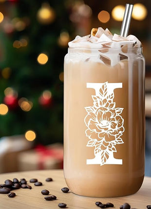 Coolife Initial Glass Cup, Monogrammed Gifts for Women, 16 oz Glass Cups w/Lids Straws, Iced Coffee Smoothie Beer Tumbler w/Straw Lid - Personalized Christmas, Birthday Gifts for Her Mom Friend Woman