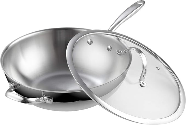 Cooks Standard Wok Pan Stainless Steel, 12-Inch Multi-Ply Clad Stir Fry Pan with Glass Lid, Induction Cookware, Silver