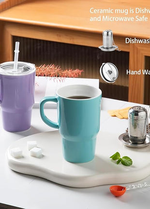 Sweejar Ceramic Travel Mug with Lid, 16 oz Portable Coffee Mug, Dishwasher Safe Tea Cup with Infuser, Reusable Teacup for Car Cup Holder, Tea Lovers(Purple)